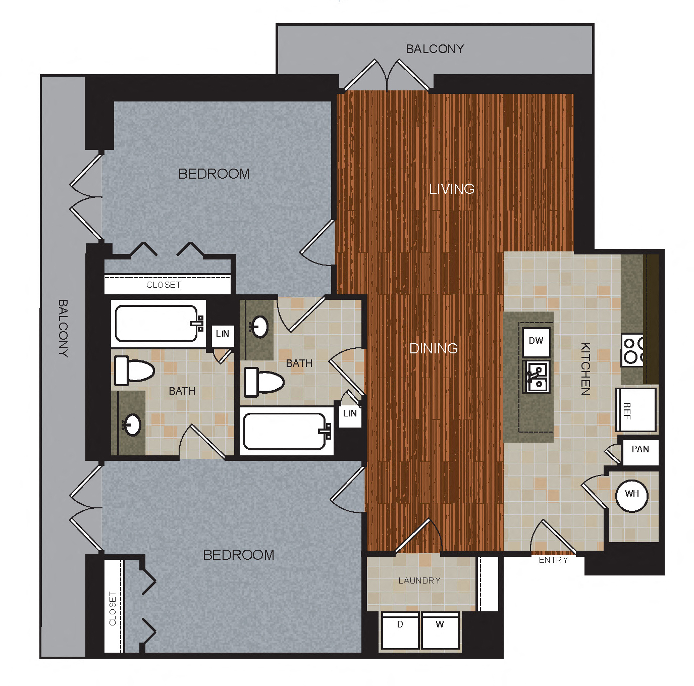 Floor plan for 2 beds, 2 baths, 1238 sqft